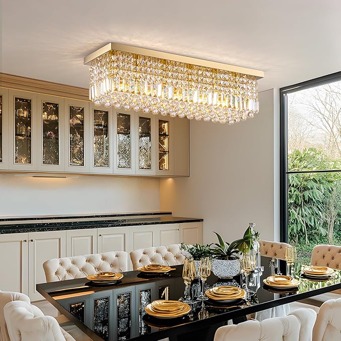 Modern Crystal Chandelier, 6 Lights Luxury Gold Rectangular Flush Mount Ceiling Light, Dining Room Light Fixture, Rectangle K9 Crystal Raindrop Chandelier for Living Room Bedroom L31.5 Inch-Ruum Studio Home