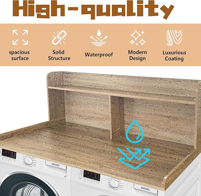 Royxen 2-Tier Washer Dryer Countertop,19.5"H Wood Washer and Dryer Topper with Shelf,Laundry Countertop Over Washer and Dryer, Universal Fit for Laundry Room Organization (White Oak, 54"W X 27.5"D)-Ruum Studio Home