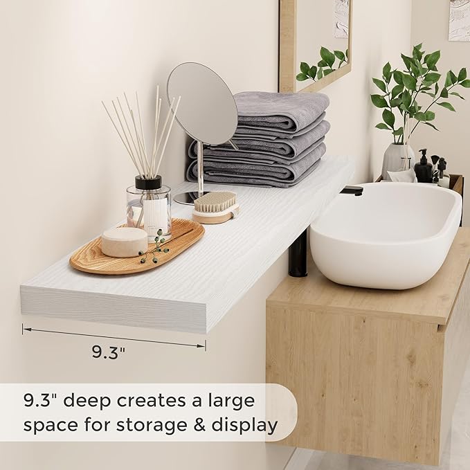 40 Inch Floating Shelves White, 40" W x 9" D Floating Shelf Set of 2, Farmhouse Wood Wall Shelves for Bedroom, Kitchen, Wall Mounted Deep Shelving for Home Decor-Ruum Studio Home