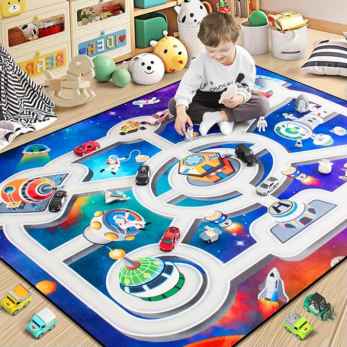 Kids Rug, Space Themed Baby Play Mat, 5x7 Ft Playroom Rug, Colorful Cartoon Outer Space, Planet, Rocket, Spaceship Road Carpet for Playroom, Educational Learning Carpet for Kids Mat-Ruum Studio Home