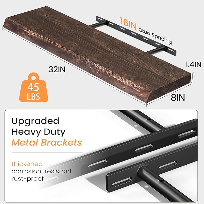 Floating Shelves for Wall, 32 Inch Floating Shelves Wall Mounted, Rustic Live Edge Elm Wood Floating Shelf for Home Decor, Heavy-Duty Storage Shelves for Books, Bathroom, Kitchen (Walnut, Set of 2)-Ruum Studio Home