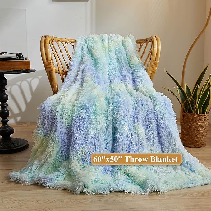 XeGe Plush Faux Fur Rainbow Throw Blanket, Tie Dye 50x60 Shaggy Furry Blanket Throw, Fluffy Microfiber Velvet Couch Blanket, Soft Colorful Fuzzy Lap Blanket for Girls Teens Women Kid Rainbow Blue-Ruum Studio Home