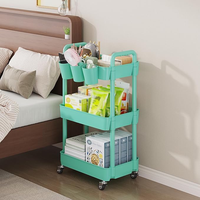 UDEAR 3-Tier Rolling Utility Cart,Multifunctional Storage Shelves with Handle and Lockable Wheels for Room,Office,Kitchen,Bathroom,with 3 Hanging Cups,Green-Ruum Studio Home