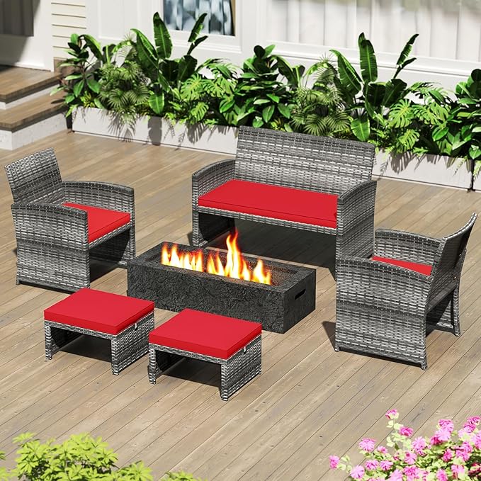 Tangkula 2 Pieces Patio PE Rattan Ottomans, Multipurpose Outdoor Footstool Footrest Additional Seating Side Table with Soft Zippered Cushions for Deck, Garden, and Yard (Red)-Ruum Studio Home