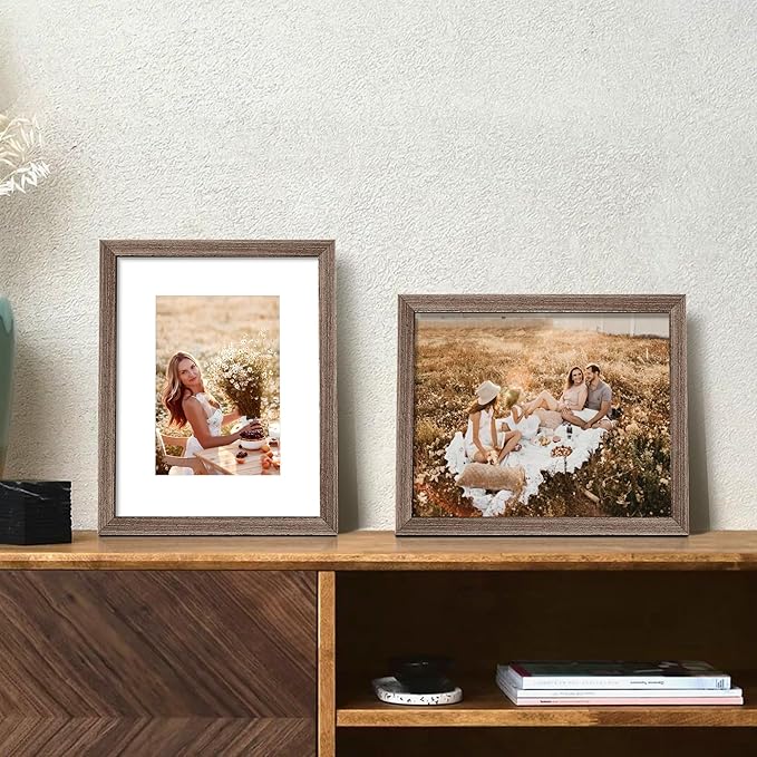 upsimples 8x10 Picture Frame, Natural Solid Wooden Picture Frames, Display 5x7 with Mat or 8 x 10 Without Mat, Wall or Tabletop, 1 Pack, Brown-Ruum Studio Home