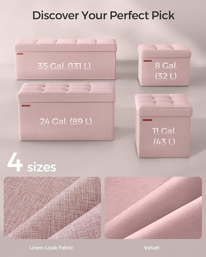 SONGMICS MAZIE Collection - 43 Inches Folding Storage Ottoman Bench, Ottoman Foot Rest, End of Bed Bench, Storage Chest, Load 660 lb, for Living Room, Bedroom, Entryway, Jelly Pink ULSF077R11-Ruum Studio Home