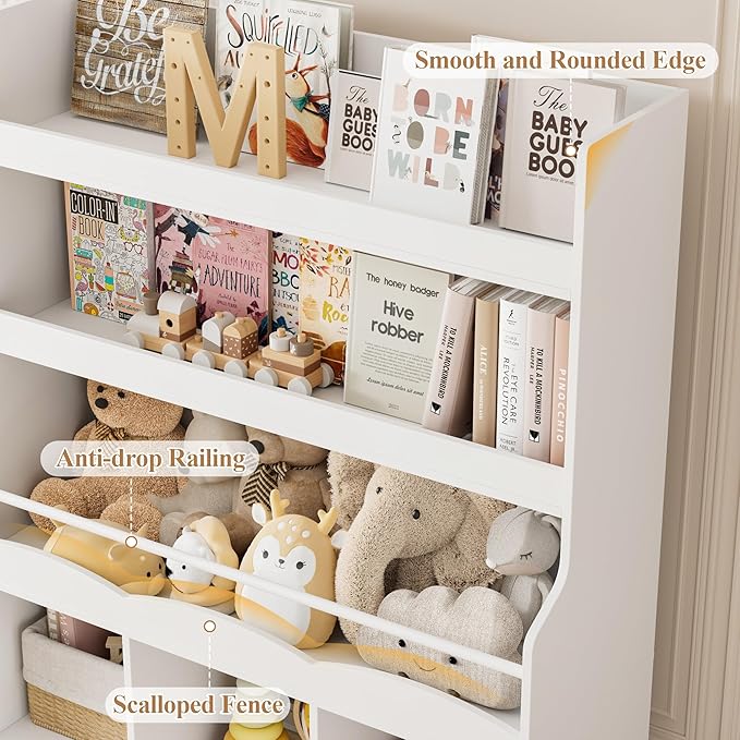 HITHOS 55.3" H Kids Bookshelf with Toy Storage Organizer, Tall Book Shelf with 3 Movable Toy Storage Bins, Large Kids Bookcase with Toy Chest, 39.2" W Modern Toy Box for Kid Room, Playroom, White-Ruum Studio Home