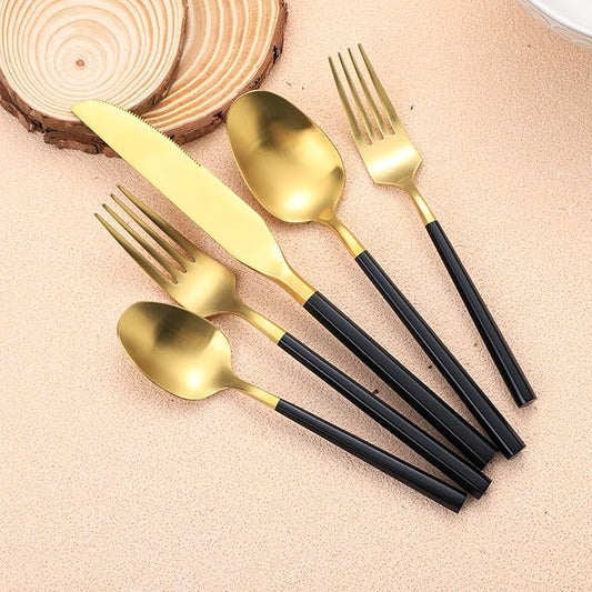 Matte Silverware Set Gold Flatware Set with Hexagon Handle 20 Pieces 18/0 Stainless Steel Cutlery Set Wedding Housewarming Gift Service for 4 (Matt black gold)-Ruum Studio Home
