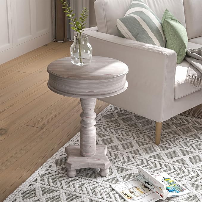 COSIEST Set of 2 Rustic Accent Side Table, Farmhouse Wood Pedestal Table Round End Table for Living Room, Bedroom, Distressed Whitewash Finish, Grey Color-Ruum Studio Home