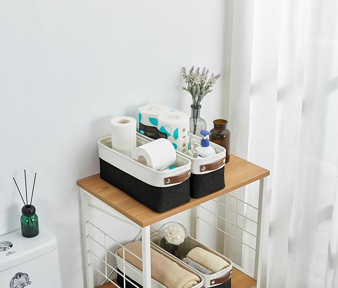 DECOMOMO Narrow Storage Bins Small Baskets for Organizing Bathroom, Toilet Tank, Towel Storage, Entryway, Gifts (Black and White - Set of 4)-Ruum Studio Home