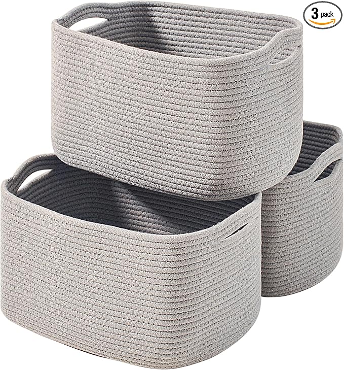 Storage Baskets for Organizing Shelves, Woven Cotton Rope Bins for Baby Nursery Organization, Book Toy Towel Organizer, 15"x11"x9.5", 3 Packs, Grey-Ruum Studio Home
