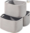 Storage Baskets for Organizing Shelves, Woven Cotton Rope Bins for Baby Nursery Organization, Book Toy Towel Organizer, 15"x11"x9.5", 3 Packs, Grey-Ruum Studio Home