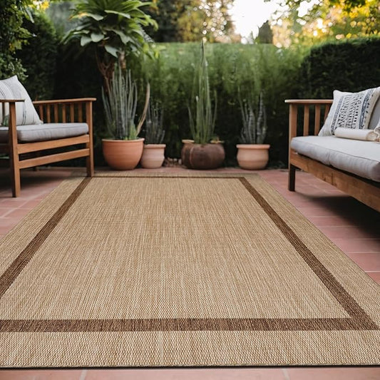 Bordered Outdoor Rug 6x9 Washable Outside Carpet for Indoor Patio Porch Waterproof Easy Cleaning Non Shedding Area Rugs Jute Beige - Nut Brown 6 x 9-Ruum Studio Home