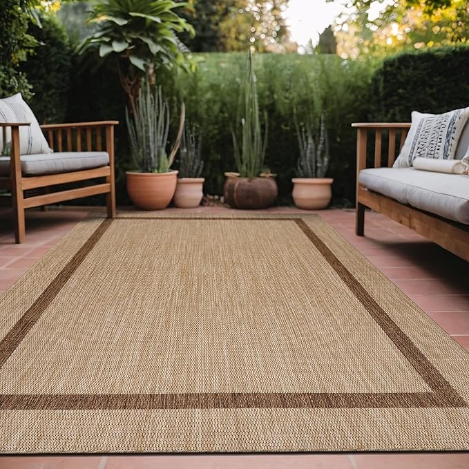 Bordered Outdoor Rug 9x12 Washable Outside Carpet for Indoor Patio Porch Waterproof Easy Cleaning Non Shedding Area Rugs Jute Beige - Nut Brown 9 x 12-Ruum Studio Home