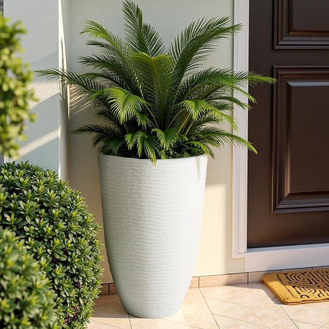 Worth Garden 2-Pack 21" H. White Tall Planters - 14'' Dia Resin Large Round Flower Pots for Outdoor Plants Trees - Imitation Stone Finish Plastic Indoor Front Porch 9 Gallon Decorative Container Patio-Ruum Studio Home