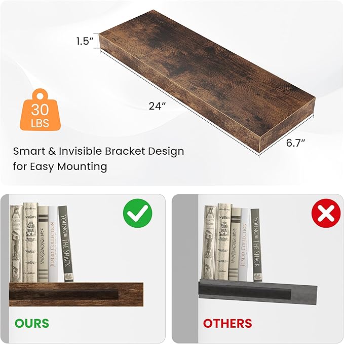 Floating Shelves for Wall, 24"W x 6.7"D x 1.5"H, Wooden Wall Mounted Display Shelf with Invisible Brackets for Living Room, Bedroom, Bathroom, Kitchen Decor and Storage, Set of 2, Rustic Brown-Ruum Studio Home