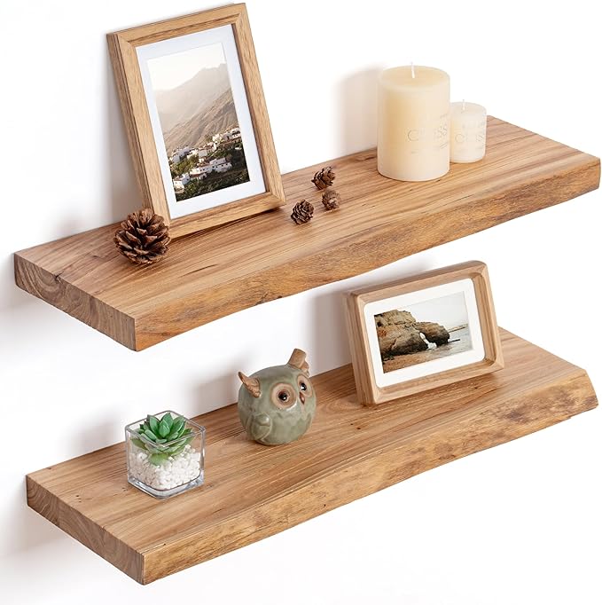 Floating Shelves for Wall Decor, Rustic Solid Elm Wood Live Edge Floating Shelves Wall Mounted, Wall Shelves with Invisible Bracket for Living Room Bathroom Bedroom Kitchen, 24 Inch Set of 2, Natural-Ruum Studio Home
