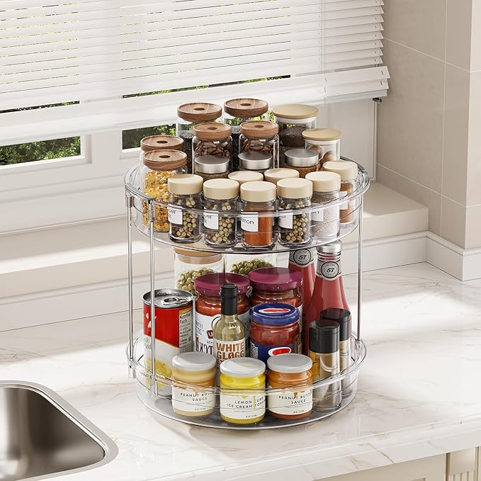 LAMU 2 Pack 2 Tier Lazy Susan Turntable Organizer 12inch Rotating Spice Rack Organization for Cabinet, Kitchen, Pantry, Countertop, Bathroom, Vanity, Medicine Cabinet Organizer, Clear-Ruum Studio Home