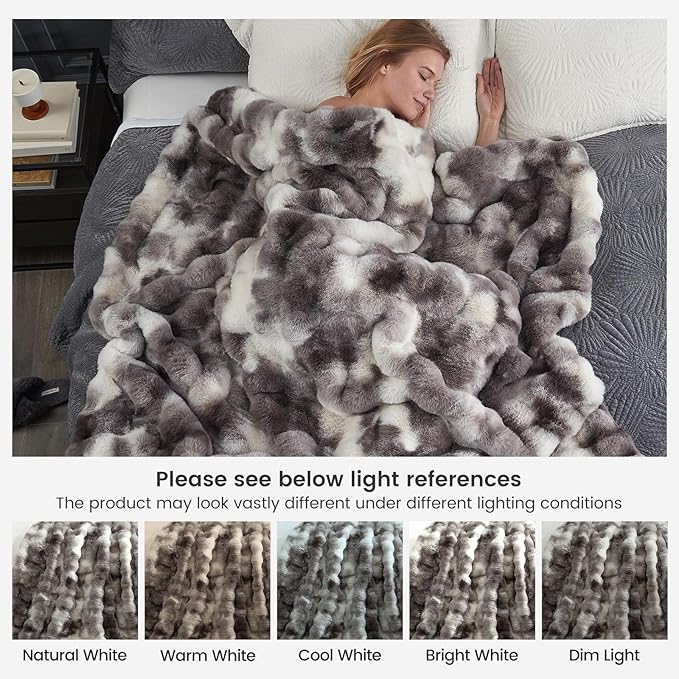 Cozy Bliss Faux Fur Throw Blanket for Couch, Fuzzy Soft Plush Thick Bubble Blanket for Sofa Bedroom Living Room, 108 * 90 Inches Tie Dye Taupe-Ruum Studio Home