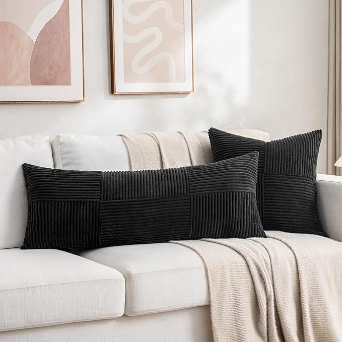 Fancy Homi 2 Packs Black Decorative Throw Pillow Covers 16x16 Inch for Living Room Couch Bed Sofa, Rustic Farmhouse Boho Home Decor, Soft Corss Patchwork Corduroy Textured Square Cushion Case 40x40 cm-Ruum Studio Home