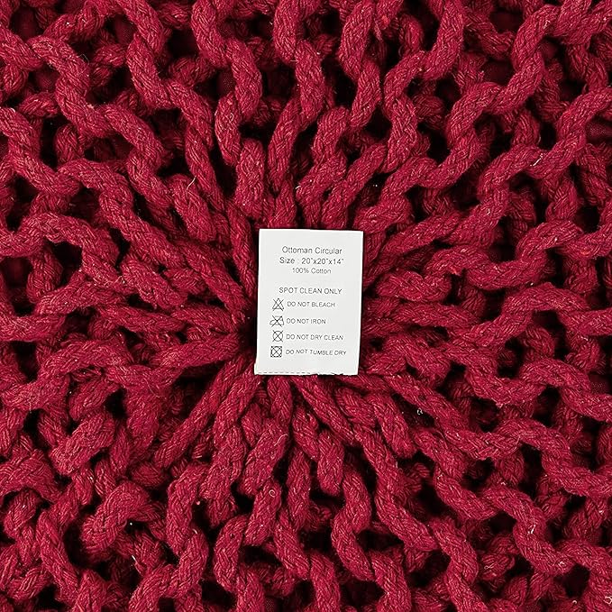 REDEARTH Round Pouf Ottoman - Hand Knitted Cable Boho Poof - Foot Stool Bean Bag - Home Décor Stuffed Footrest for Living Room - Nursery - Bedroom - 100% Cotton Poufs (19.5"x19.5"x14") - Red-Ruum Studio Home