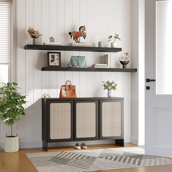 HOOBRO Floating Shelves for Wall, Wall Mounted Shelf Set of 2, 55" Hanging Shelf with Invisible Brackets, for Wall in Bathroom, Bedroom, Toilet, Kitchen, Living Room, Office, Black BK140BJP201-Ruum Studio Home