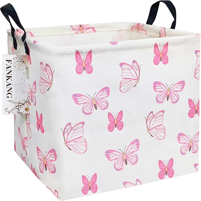 FANKANG Square Nursery Hamper Storage Bins Canvas Laundry Basket Foldable with Waterproof PE Coating Storage Baskets Gift Baskets for Children, Office, Bedroom, Clothes（Square-pink butterfly ）-Ruum Studio Home