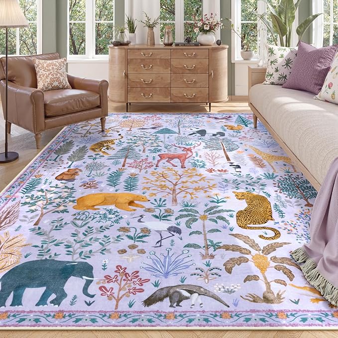 OJIA Animal Washable Area Rug 8x10, Boho Rugs for Living Room Playroom 8 x 10 Kids Bedroom Rugs, Non-Slip Ultra-Thin Indoor Large Floor Carpet for Dining Room Nursery Farmhouse-Ruum Studio Home