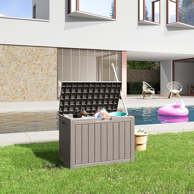 45 Gallon Deck Box,Resin Outdoor Storage Box with Lockable for Patio Furniture, Pool Accessories, Garden Tools Waterproof Outside Storage Box, Black-Ruum Studio Home