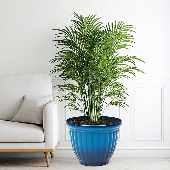 15" H Large Flower Pots, Set of 2 Plastic Planters for Outdoor Plants with Gradient Blue Finish and 3D Textures, Weather-Resistant for Porch, Garden, Patio or Indoor Use-Ruum Studio Home