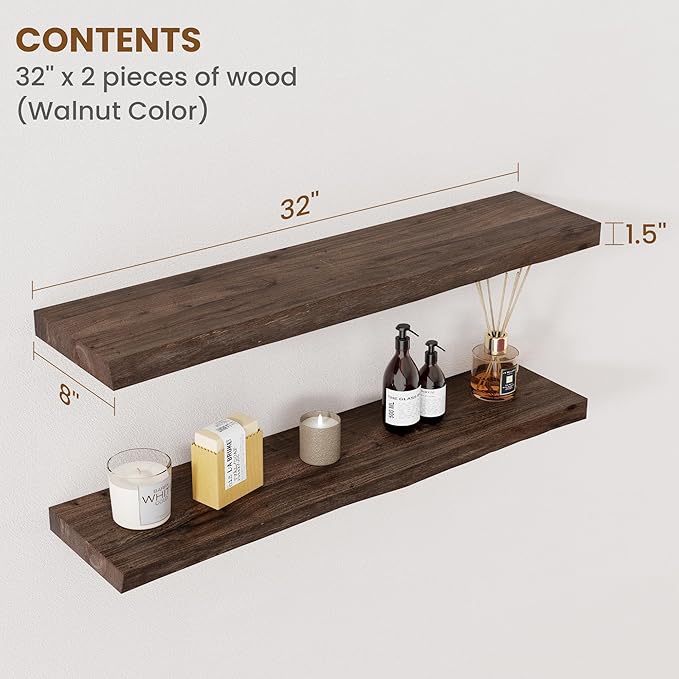 Floating Shelves for Wall Decor, Rustic Solid Elm Wood Live Edge Floating Shelves Wall Mounted, Wall Shelves with Invisible Bracket for Living Room Bathroom Bedroom Kitchen, 32 Inch Set of 2, Walnut-Ruum Studio Home