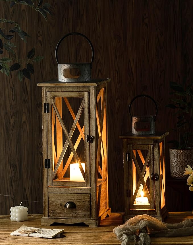 TIMRIS Large Farmhouse Wooden Candle Lantern Set of 2, Rustic Floor Candle Lanterns with Drawer, Vintage Hurricane Lantern Holder for Indoor Outdoor Decor (No Glass)-Ruum Studio Home