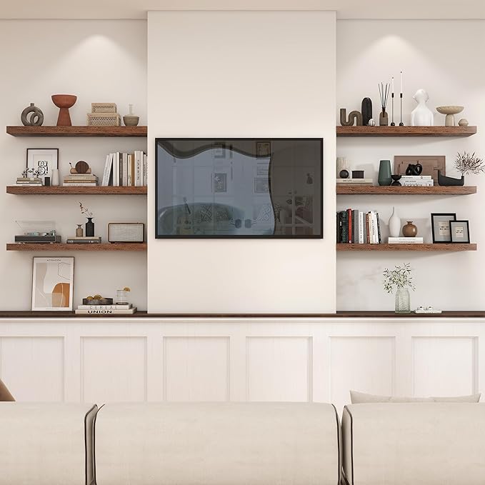Heimlove 36 Inch Floating Shelves for Wall,10 Inch Deep Brown Wood Shelves with Invisible Brackets,Wall Mounted Storage & Display Shelves for Bedroom,Living Room,Kitchen,Office-Ruum Studio Home