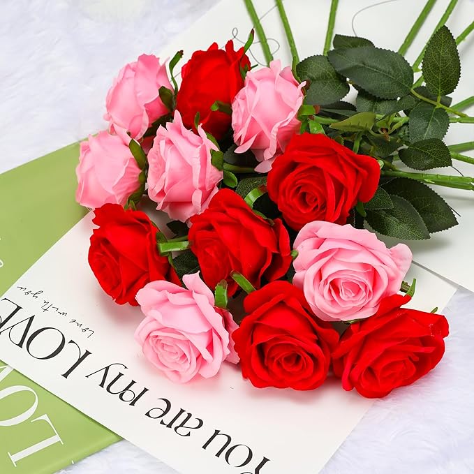 Pink Fake Roses Artificial Flowers - 16 Pcs Fake Artificial Roses Silk Flowers with Stems for Home Wedding Hotel Office Centerpiece Decor-Ruum Studio Home