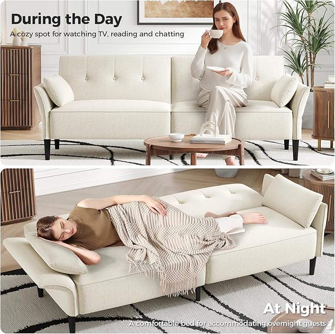 89” Futon Sofa Bed, Linen Comfy Futon Couch Bed with 2 Square Pillows, Convertible Sleeper Sofa with Adjustable Backrest& Armrests, Modern Loveseat Sleeper for Living Room, Bedroom, White-Ruum Studio Home
