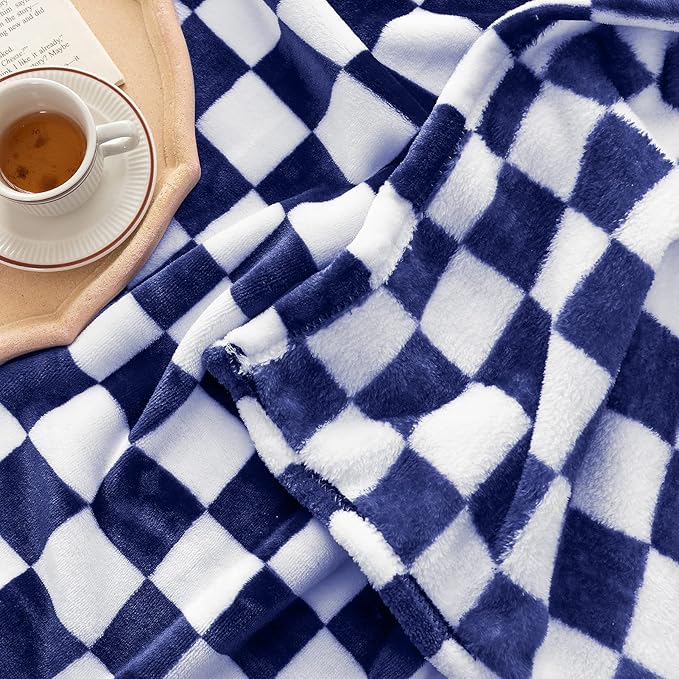 LOMAO Throw Blankets Flannel Blanket with Checkerboard Grid Pattern Soft Throw Blanket for Couch, Bed, Sofa Luxurious Warm and Cozy for All Seasons (Dark Blue, 50"x60")-Ruum Studio Home