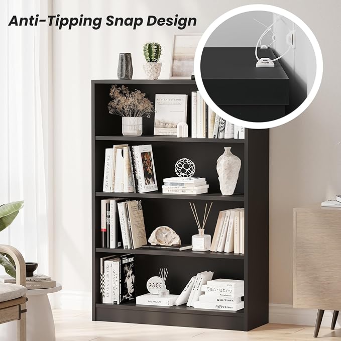 Bookshelf, Open Modern Bookshelf, 4 Shelf Bookcase with Freestanding Display Storage, Wooden Book Shelf for Bedroom, Living Room, Dinning Room, Office, 48 Inch, Gray-Ruum Studio Home