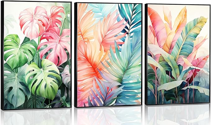 3pcs Tropical Botanical Canvas Wall Art Monstera Leaves Posters Botanical Prints Bohemian style Wall Decor Pictures Palm Leaves Paintings for Bathroom living room Decoration Unframed-Ruum Studio Home