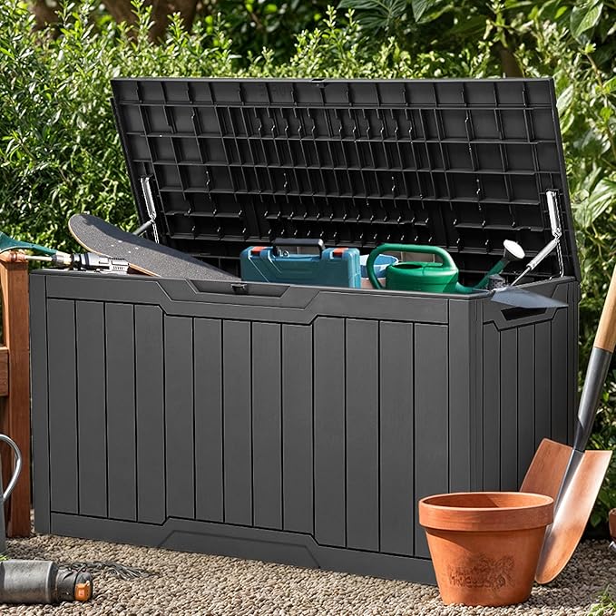 YITAHOME 100 Gallon Outdoor Storage Box, Large Water Resistant Resin Deck Box, Indoor Outdoor Lockable Storage Container for Patio, Garden, Cushions, Tools, Equipment (Dark Gray)-Ruum Studio Home