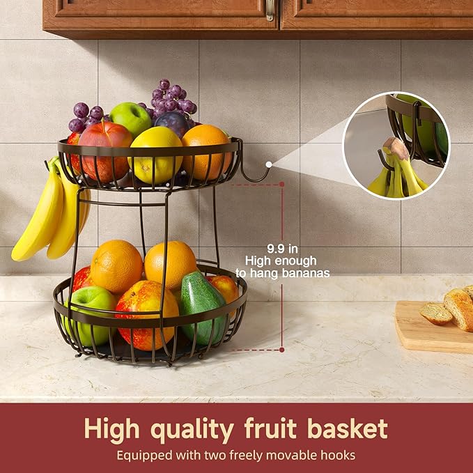2 Tier Fruit Basket for Kitchen Counter with 2 Banana Hangers, Metal Stackable Fruit Bowl for Kitchen Counter for Bread Vegetable Fruits, Brown-Ruum Studio Home