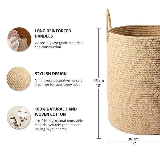 OrganiHaus Large Woven Baskets for Storage 15x18, Cotton Rope Baskets for Storage, Tall Blanket Basket for Living Room, Nursery Laundry Basket, Big Basket for Toys, Basket for Blankets, Honey-Ruum Studio Home