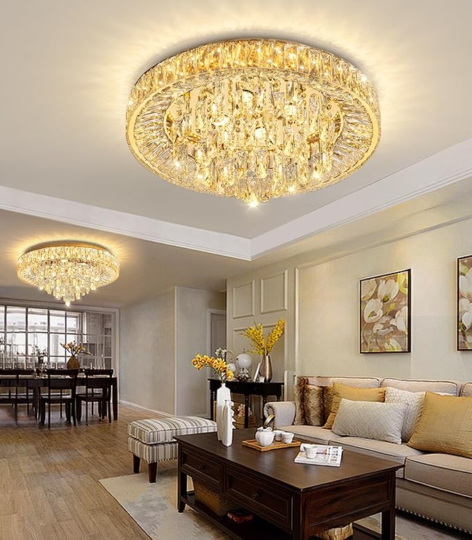 23.6'' Modern Crystal Chandeliers LED Dimmable Flush Mount Ceiling Chandeliers for Living Room Entrance Foyer Bedroom Gold-Ruum Studio Home