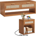 LEYAOYAO Boho Rattan Coffee Table Sets 2 Pieces, Nightstand with Charging Station and Coffee Table with Hidden Storage Compartment, Brown Living Room Table Set, Wood Furniture Sets for Home Office-Ruum Studio Home