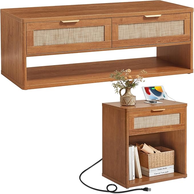 LEYAOYAO Boho Rattan Coffee Table Sets 2 Pieces, Nightstand with Charging Station and Coffee Table with Hidden Storage Compartment, Brown Living Room Table Set, Wood Furniture Sets for Home Office-Ruum Studio Home