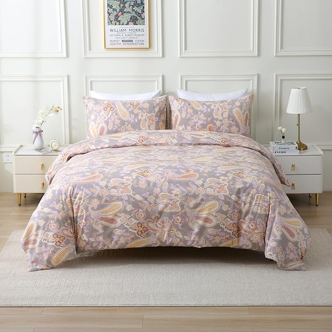ABREEZE Paisley Bedding Sets 3Pcs Brushed Cotton Duvet Cover Set Queen Size Rustic Damask Gold Floral Comforter Cover with Zipper Closure Boho Bedding Collections-Ruum Studio Home