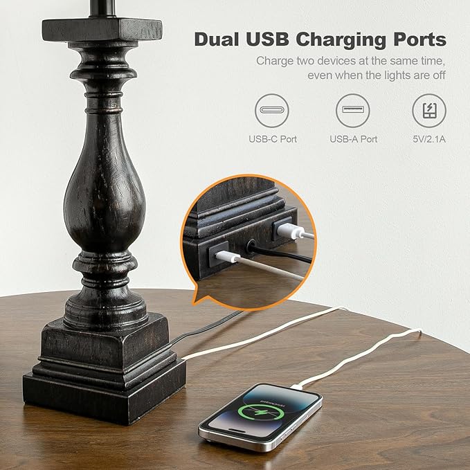BOBOMOMO 27" Farmhouse Table Lamp Set of 2 with USB A+C for Bedroom Living Room Vintage Rustic Traditional Nightstand Bedside Lamps Retro Side Table Lamps (Black)-Ruum Studio Home