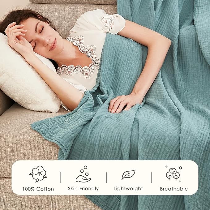 EMME Cotton Blanket Twin XL for Bed Soft Muslin Blankets 66"x90" Lightweight Breathable Layering Bedspread Coverlet All Season Gauze, Teal-Ruum Studio Home