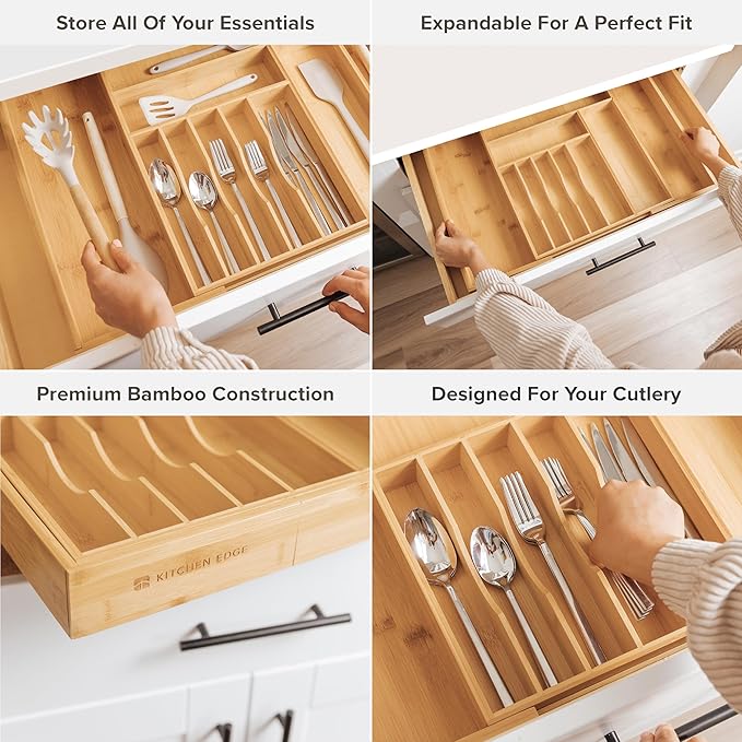 Premium Silverware, Flatware and Utensil Organizer for Kitchen Drawers, Food-Safe Contract Grade, Expandable from 16 to 28 In, Natural Bamboo-Ruum Studio Home