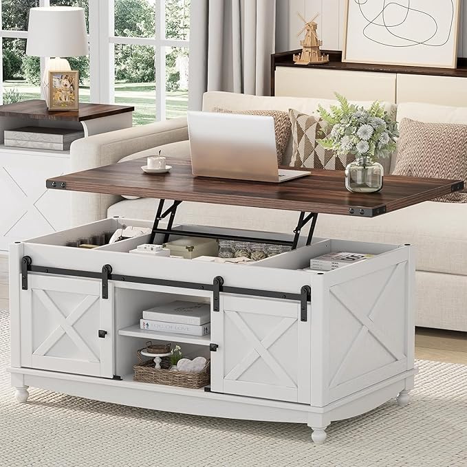 48" Farmhouse Lift Top Coffee Table with Storage Sliding Barn Door & Large Hidden Compartment, Coffee Table with Lifting Top with Wooden Lift Tabletop, Coffee Tables for Living Room, White-Ruum Studio Home