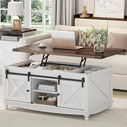 48" Farmhouse Lift Top Coffee Table with Storage Sliding Barn Door & Large Hidden Compartment, Coffee Table with Lifting Top with Wooden Lift Tabletop, Coffee Tables for Living Room, White-Ruum Studio Home